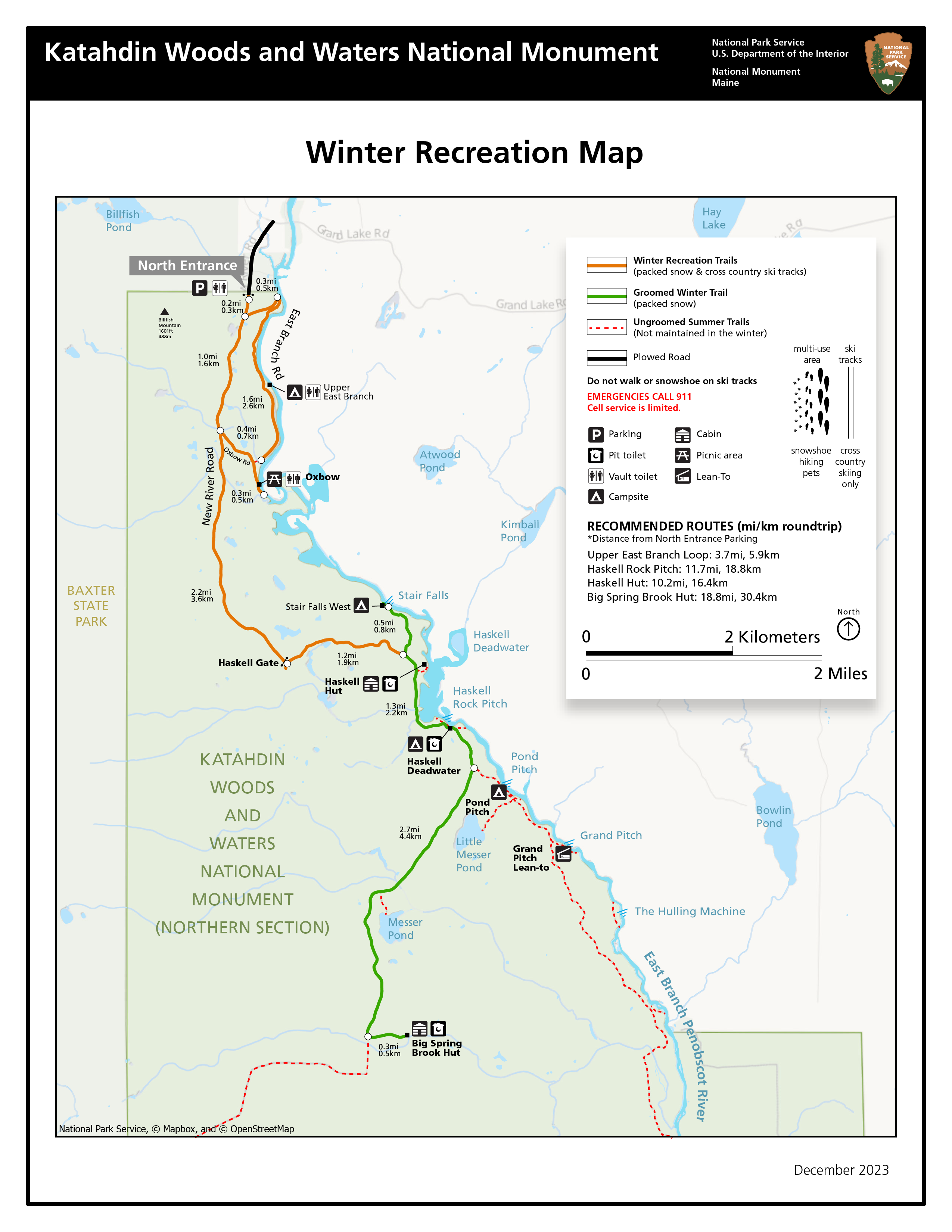 winter recreation map that shows areas of recreation, groomed, and unmaintained trails during the winter.