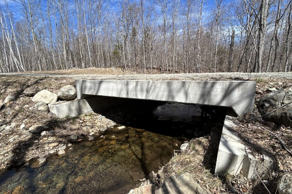 A cement bridge on a roadway crosses over blue water with a winter forest in the background.
