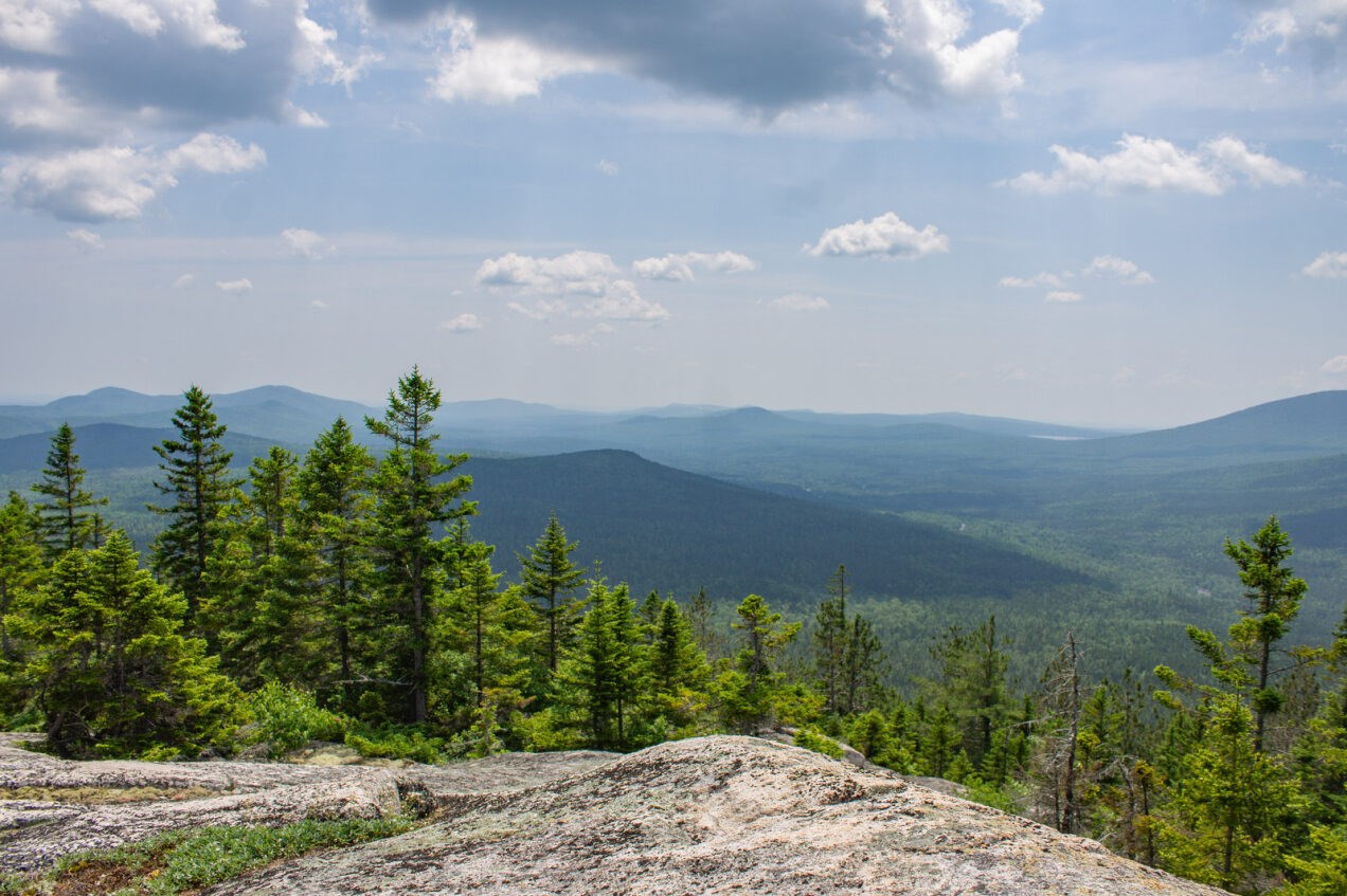 A scenic, panoramic view from a mountain overlook. Large slabs of rock in the foreground lead into a middle ground of green evergreens. In the distance are a series of rolling mountains.