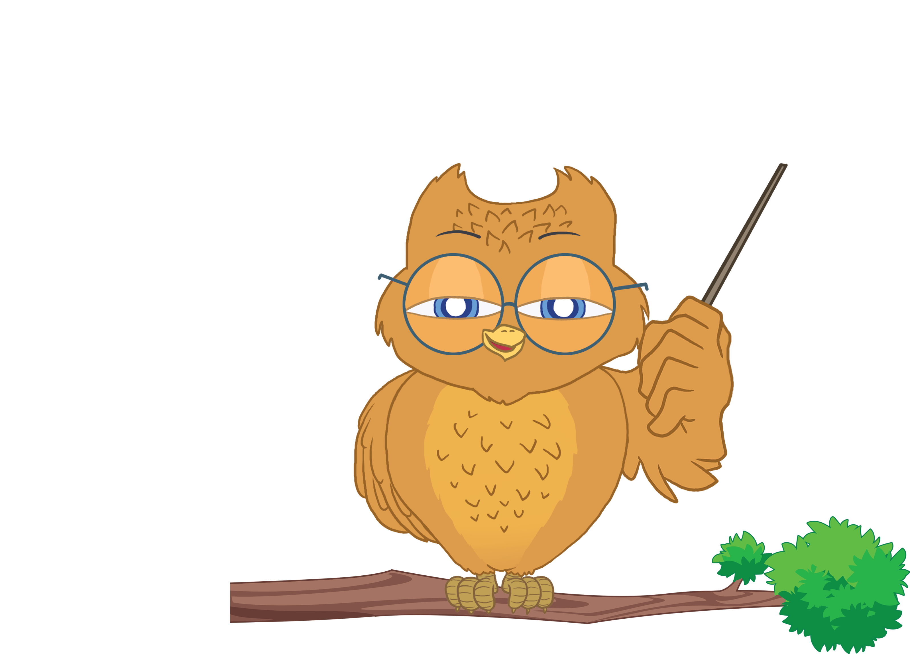 A digital illustration of an orange cartoon owl on a branch, wearing glasses, and holding a pointer.