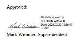 A signature of Mark Wimmer, superintendent marked on 2024.02.29 at 12:56:47