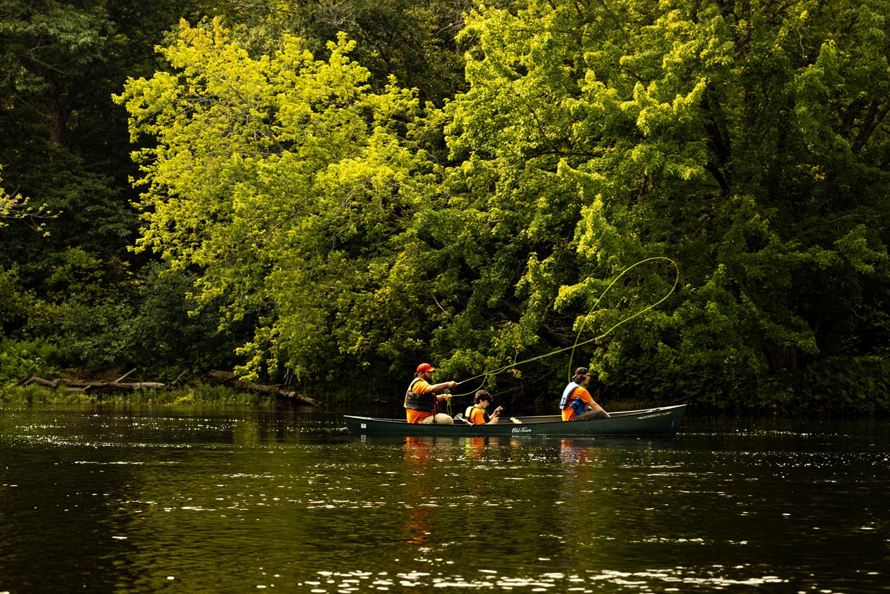 Three people sit in a canoe on a sunny day in a river. The man in the back of the boat is casting a fly-fishing line. The river sparkles with light reflecting off the surface and the woods are dense and green in the background.