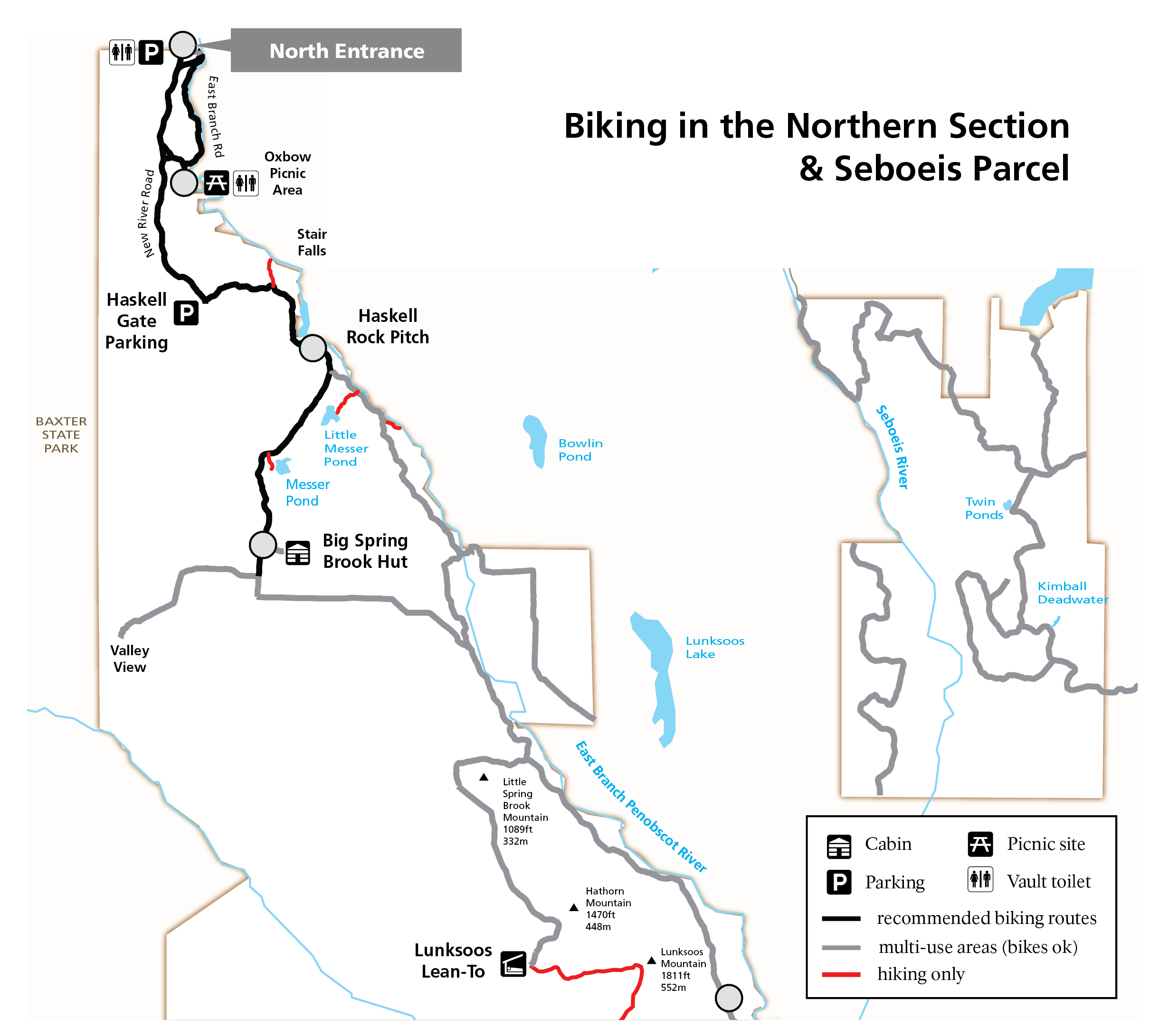 A map of biking routes in the northern section. Routes highlighted are; recommended routes, multiuse areas, and areas for hiking only.