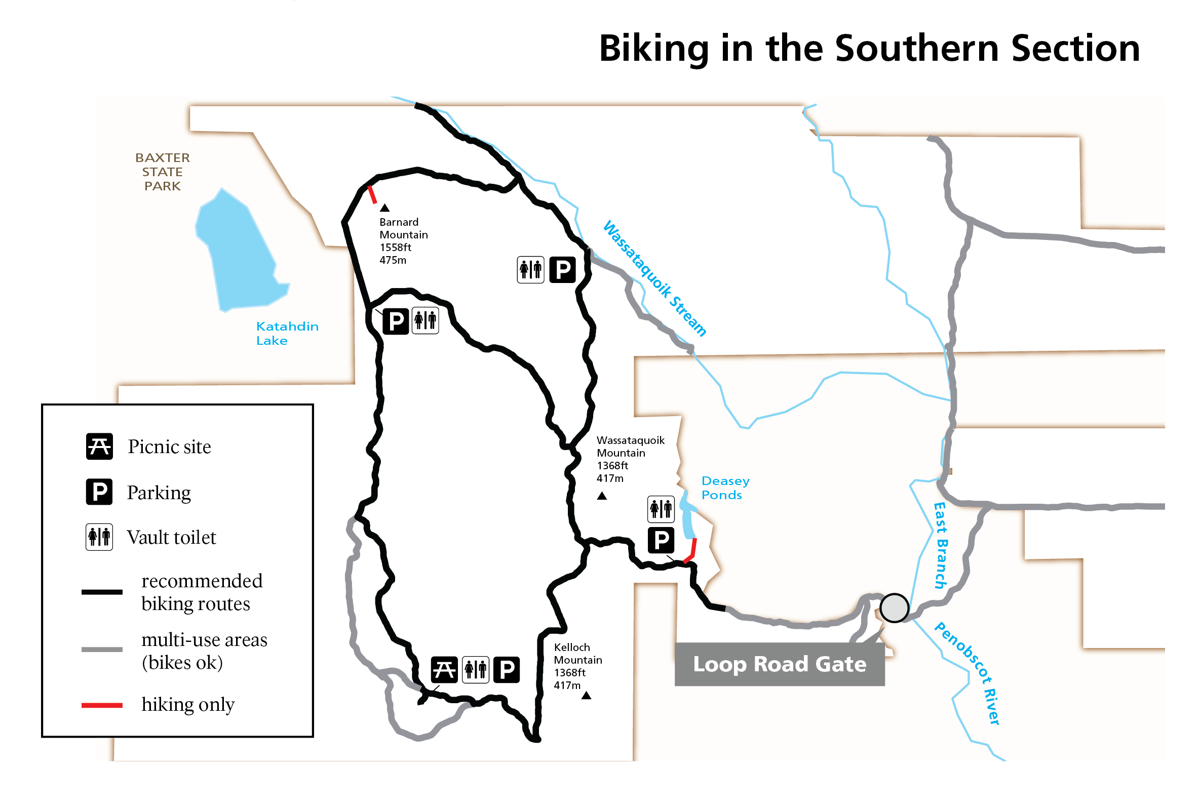A map for biking in the southern area of the monument. The map highlights recommended routes, multi-use routes, and areas that are hiking only.