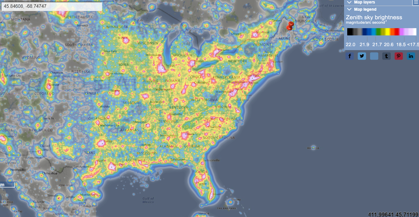 Light pollution map of the east coast of the United States illustrating limited light pollution in northern Maine.