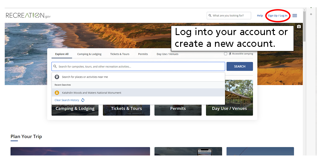 camping reservation step 1 - login. The login is at the top right corner of recreation.gov.