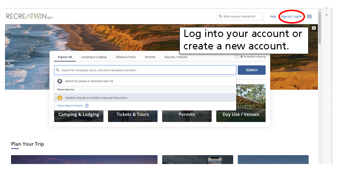 Sign into recreation.gov or create a new account.