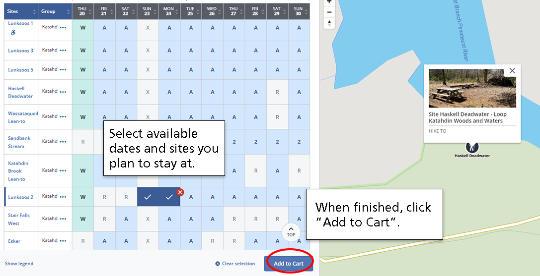 camping reservation step 5 - select dates and sites