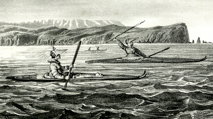 Native Sugpiaq hunters paddling the rocky southwest coast of Alaska. Illustration // Smithsonian Institution