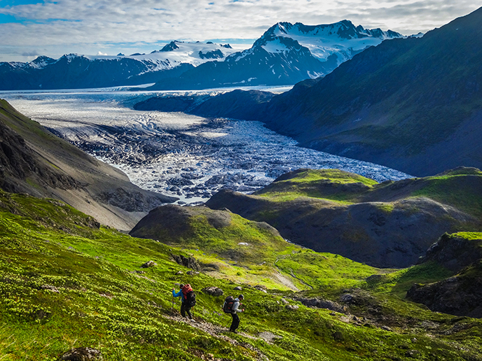 NPS staff descend down to the Bear Glacier Source Lake. Photo: T. Fulton/NPS