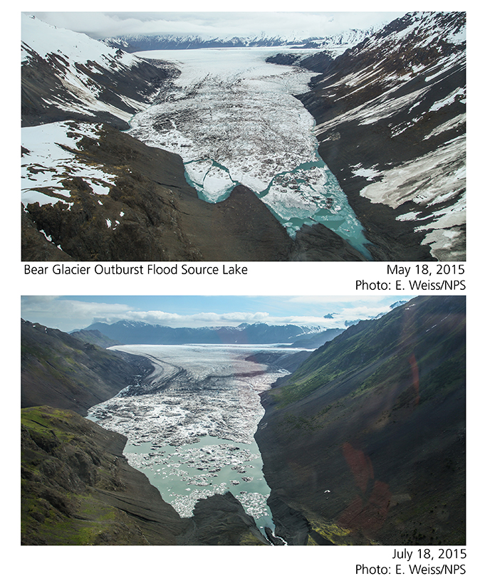 Pair of aerial images of the Bear Glacier source lake from May and July 2015. Photo: E. Weiss/NPS