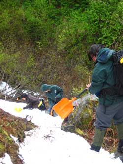 Christian (right) clears snows from the Harding Icefield Trail