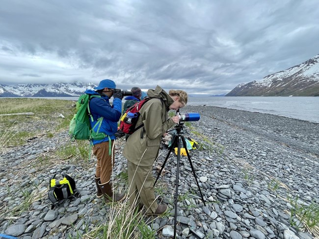 Two people look into telephoto cameras peering at something in the distance with ocean and mountains surrounding.