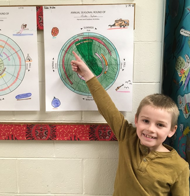 A child points at a poster hanging on a wall.