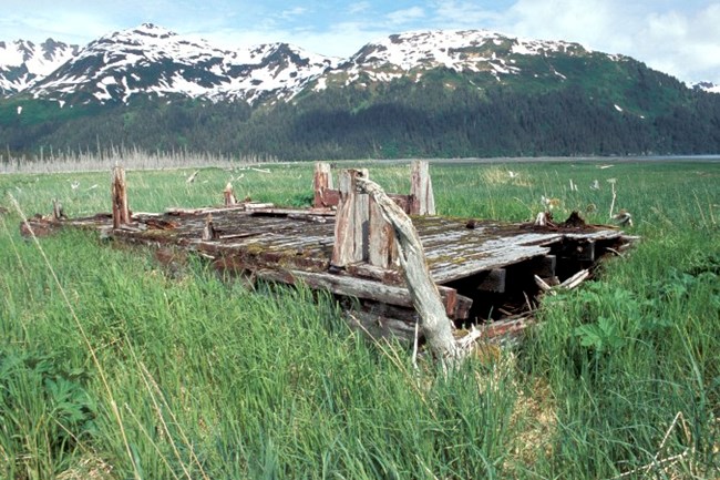 A dilapidated wooden barge sits in a grassy field.