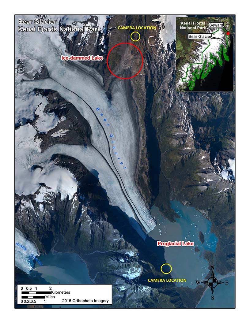 Bear Glacier GLOF camera installation 2017 A satellite image of Bear Glacier, showing the location of the camera installation.