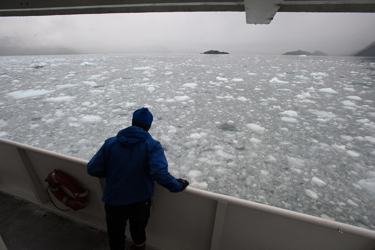 A person on boat looks at ice-filled ocean