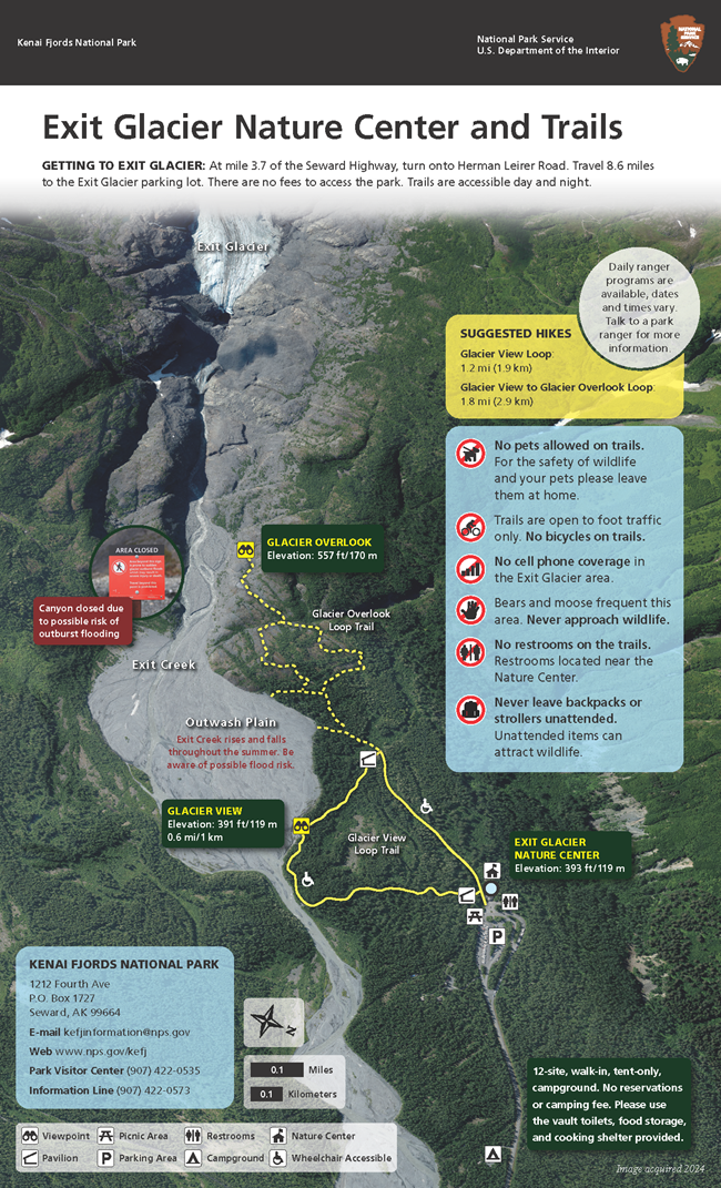 A detailed map of the Exit Glacier Area including Glacier View (accessible, 1 mile) and Overlook Loops.