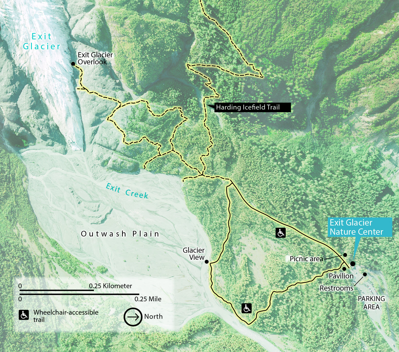 Map Of The Exit Glacier Area, Including Trails, Restrooms, Nature Center, And Parking Lot, As Described In The Text. - Map of the Exit Glacier Area, including trails, restrooms, nature center, and parking lot, as described in the text.