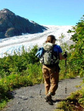 A rear-view of a hiker on a park trail.