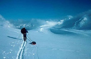 Visitor skiing on the Harding Icefield.