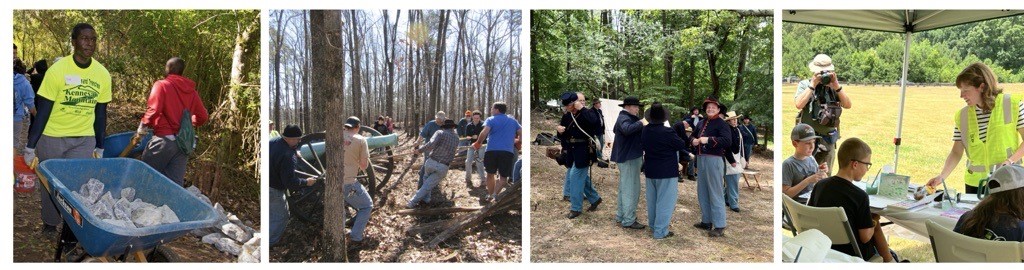 Four photos of volunteers doing various tasks.