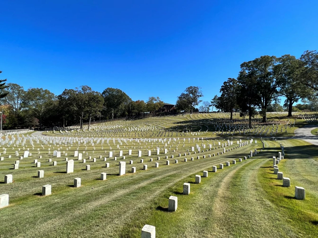 Main Page Image Sweeping view of cemetery with green grass, trees, and white headstones.
