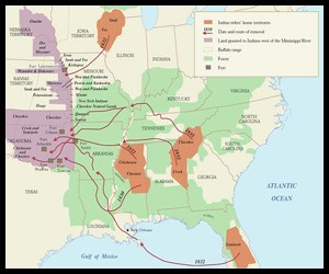 Map of eastern section of U.S.A. Arrows show where Cherokee in current Georgia, Mississippi, Florida, and Illinois were taken to places in Oklahoma.