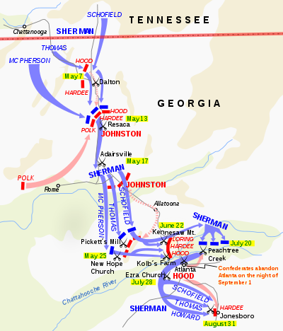 Blue lines show Sherman's troops of Schofield, Thomas, and McPherson. They travel from Tennessee-Georgia border down to Jonesboro. Red words show Johnston's army of Hood, Hardee, Polk, and Loring intersecting blue lines throughout map.