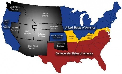 Map of U.S. Red is Confederate States of America. Yellow are border states. Blue is the U.S.A. Black are territories.