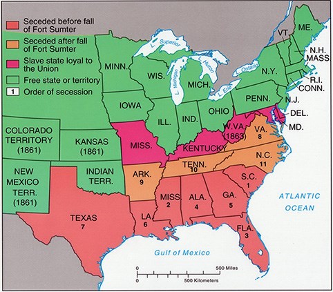 Map of America from Colorado border to Atlantic Ocean. Green states are free; pink are slave states loyal to the Union; orange seceded after fall of Fort Sumter; red seceded before fall of Fort.