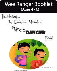 2 cartoon images of kids wave on a trail. Text: Introducing the Kennesaw Mountain Wee Ranger Book!
