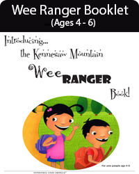 Wee Ranger Booklet (Ages 4 - 6) 2 cartoon images of kids wave on a trail. Text: Introducing the Kennesaw Mountain Wee Ranger Book!