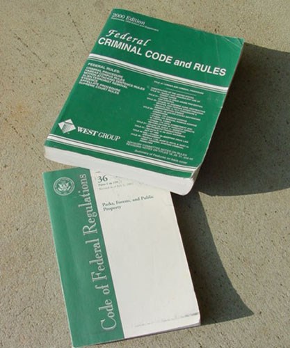 2 thick green books rest on ground. Text: Federal Criminal Code and Rules and Code of Federal Regulations.