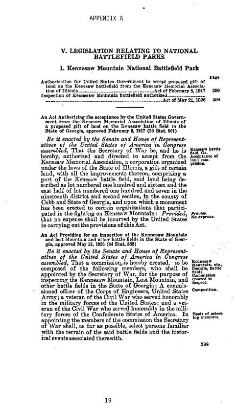Legislation relating to National Battlefield Parks. See Transcript in Appendices Legislation A-1.