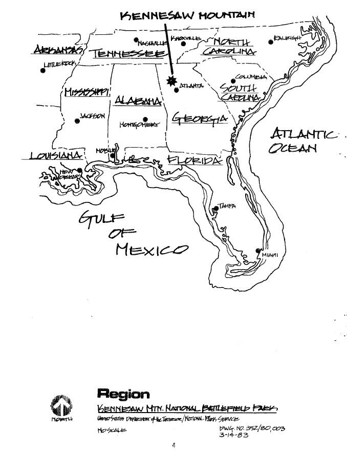 Sketched map shows the states and capital cities of the eastern half of the U.S map. A star represents Kennesaw Mountain just northwest of Atlanta in Georgia.