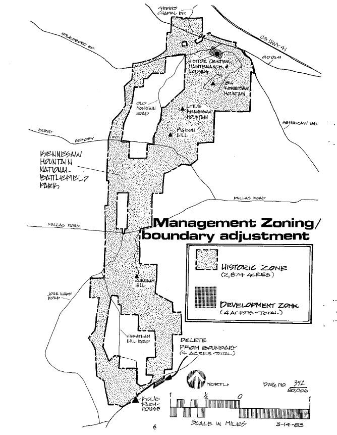 Sketched map shows 2,874 acres of historic zone and 4 acres of development zone in the park. Development zone is in NE section at visitor center, maintenance, and housing. A 4 acres section NE of Kolb Farmhouse is labeled delete from boundary.