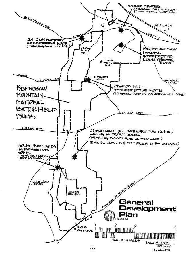 Sketched map shows slight crescent, narrow shape of park. Highlights interpreting nodes for 24 gun battery, big kennesaw mountain, pigeon hill, cheatham hill, and kolb farm area.