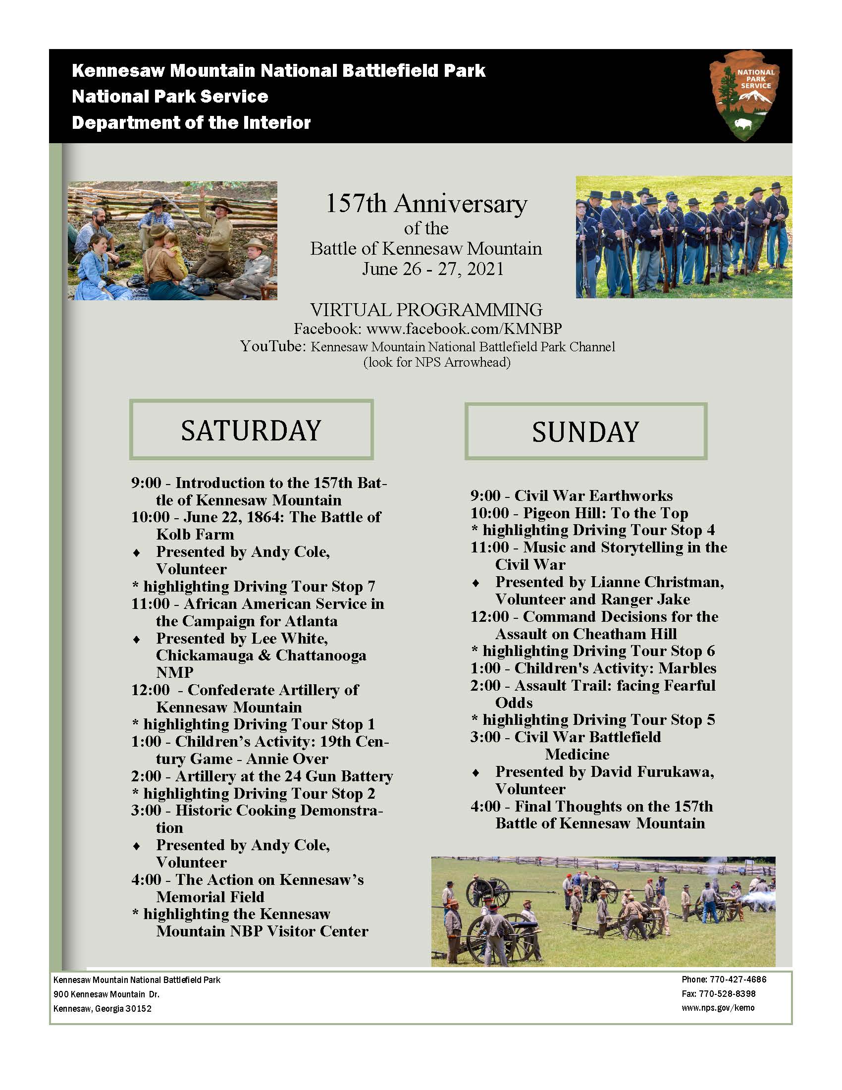This is an image detailing the events of the 157th battle anniversary of Kennesaw Mountain