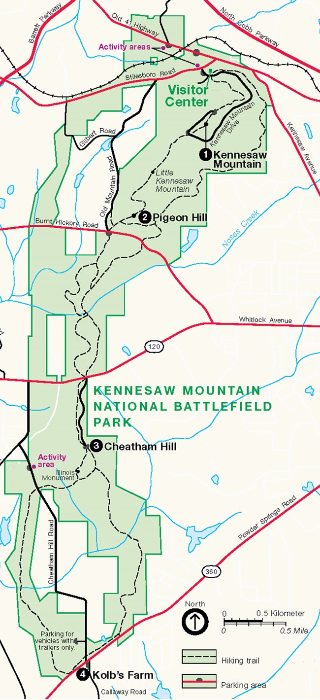 Park map. # 1 - 4 match with the descriptions on page. Along north-south trail, #1 Kennesaw Mountain-just behind Visitor Center. #2 Pigeon Hill -just N of Burnt Hickory Rd. #3 Cheatham Hill-just NE of Illinois Monument. #4 Kolb's Farm- just S of hwy 360.