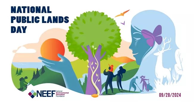 A colorful landscape graphic depicting a large tree, silhouettes of a family walking, silhouettes of people with shovels, a silhouette of a person hiking, rolling hills with a river, a stag with large antlers, and a woman holding the sun.