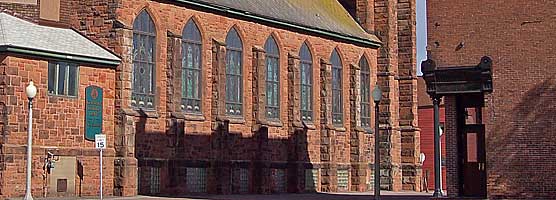 The former St. Anne's Catholic Church along with the Union Building mark the entrance to Fifth Street in Calumet.