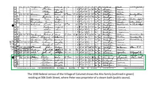 A table from the 1930 census that has the Aho family information boxed in green.
