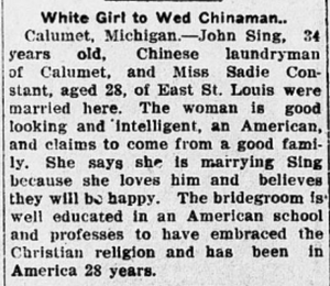 A newspaper clip about the wedding of Charles Sing and Sadie Constant.