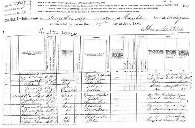 An excerpt from the 1880 U.S. Census for Portage Township that has William Butterfield's name on it.