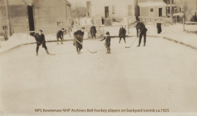 Hockey players on backyard ice rink.