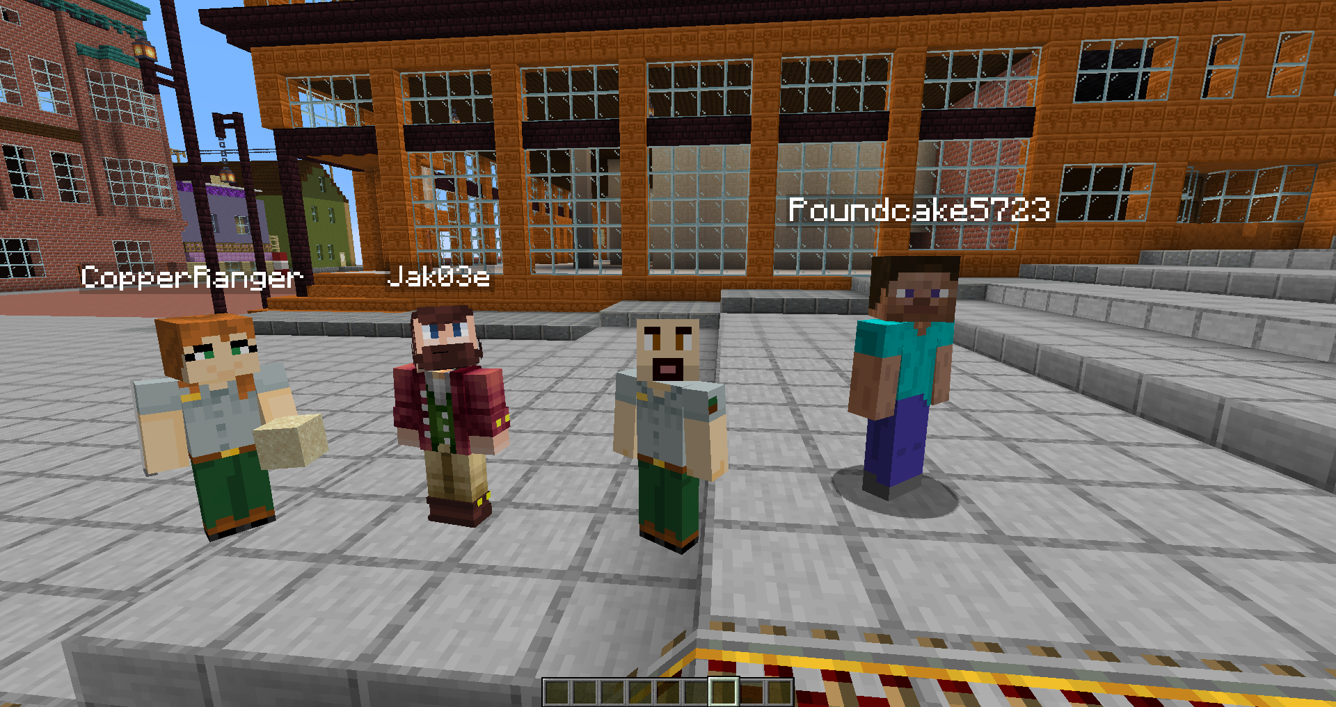 Four Minecraft in-game characters with commercial and residential buildings in the background