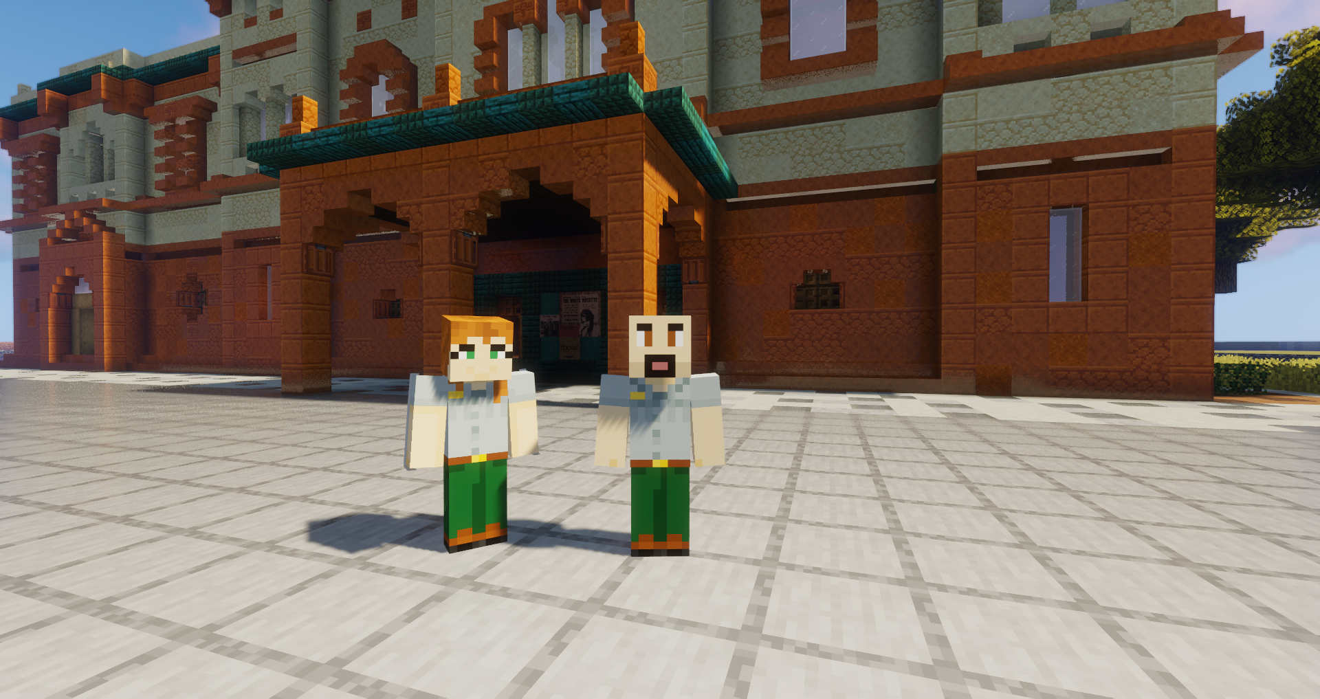 Two Minecraft players with park ranger skins in front of a building