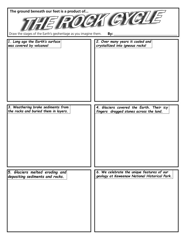 A blank page titled "The Rock Cycle" having 6 grids each with prompts for drawing a comic.