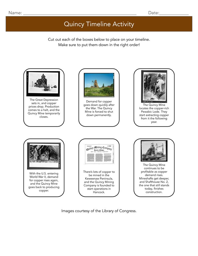Worksheet with brown banner on top and 5 small black and white images and one color image